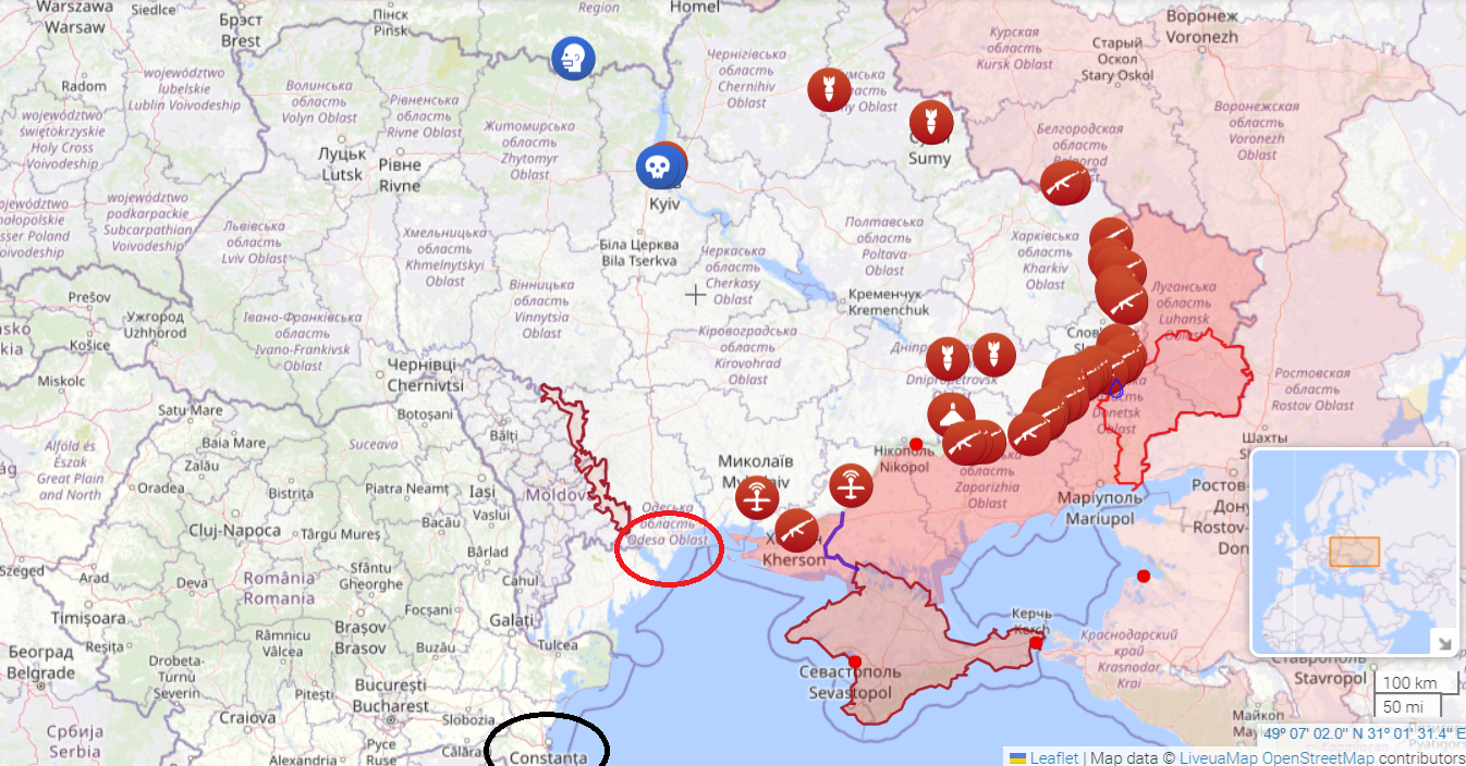 map of Ukraine war and Constanta and odesa